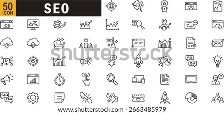 SEO outline icon set. Analytics, ranking, keyword, backlink, optimization, content and digital strategy.
