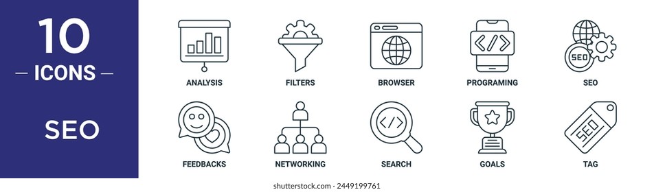 seo outline icon set includes thin line analysis, filters, browser, programing, seo, feedbacks, networking icons for report, presentation, diagram, web design
