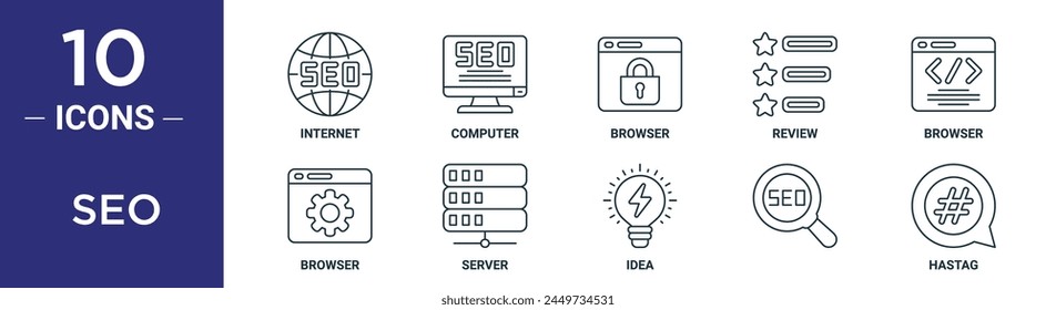 el conjunto de iconos de esquema seo incluye internet de línea delgada, computadora, navegador, revisión, navegador, navegador, iconos de servidor para informe, presentación, diagrama, Diseño web