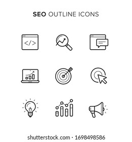 SEO outline icons: Development, Research, Keywords, Targeting, Ranking, Clicks, Idea, Analytics, Promotion. Every icon is a solid shape, so can be easily recolored