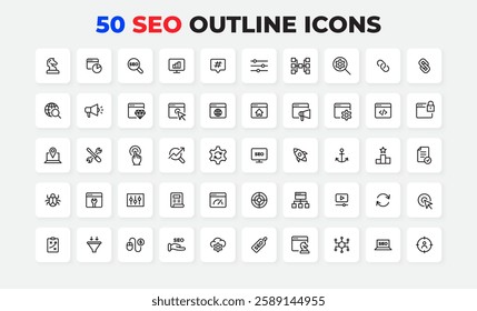 SEO outline icons featuring tools and concepts for web and marketing development. Perfect for digital presentations, websites, and graphic design. Icons are modern and minimalist