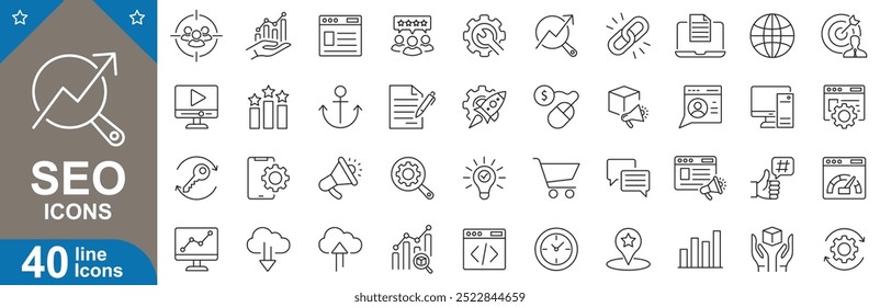 Conjunto de ícones de descrição de SEO. Marketing, personalizado, analítica, pesquisa, palavra-chave, classificação, velocidade, site, otimização e muito mais. ilustrador vetorial.