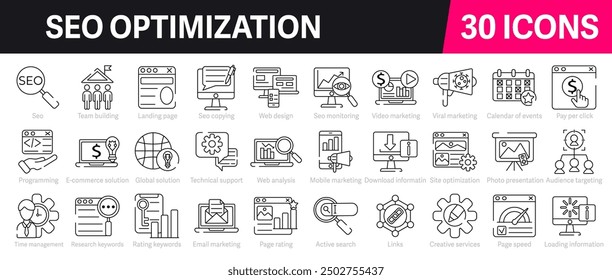 SEO Outline Vector Icon Collection. Search Engine Optimization icon. A set of outline icons related to business, marketing, traffic, keyword, development and more. Editable stroke. Vector illustration