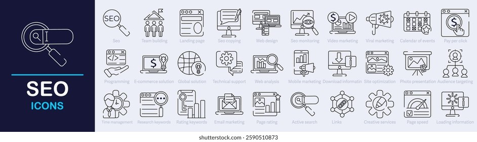 SEO Outline Vector Icon Collection. Search Engine Optimization icon. A set of outline icons related to business, marketing, traffic, keyword, development and more. Editable stroke. Vector illustration