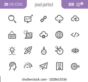 Seo outline web icon collection. 32x32 pixel perfect. Vector thin line creative design.