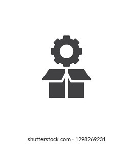 SEO package vector icon. filled flat sign for mobile concept and web design. Open cardboard box and gear simple solid icon. Symbol, logo illustration. Pixel perfect vector graphics