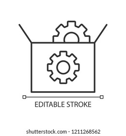 SEO packages linear icon. Searching engine optimization services. Thin line illustration. Website ranking. Settings and add-ons. Contour symbol. Vector isolated outline drawing. Editable stroke