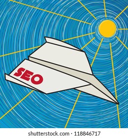 Seo paper plane flying in the sun, clip art icon