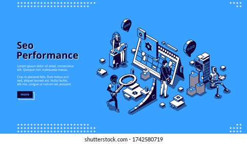 SEO performance isometric landing page. Optimization technology for internet marketing and digital business content. Office people and robot at huge calendar, workflow 3d vector line art web banner