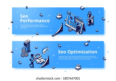 SEO performance and optimization isometric banner. Technology for internet marketing and digital business content. Tiny people with office stuff workflow process, 3d vector line art web header, footer