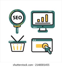 SEO performance, SEO targeting, Search results website. thin line flat style design.