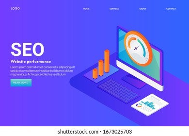 Seo performance, SEO tools, Seo analysis report - conceptual isometric vector landing page with icons and texts