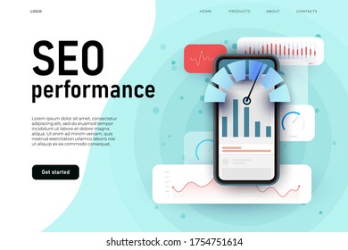 SEO performance, website optimization landing page concept with different graphics and interaction elements.