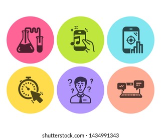 Seo phone, Chemistry lab and Music phone icons simple set. Support consultant, Timer and Internet chat signs. Search engine, Medical laboratory. Technology set. Flat seo phone icon. Circle button