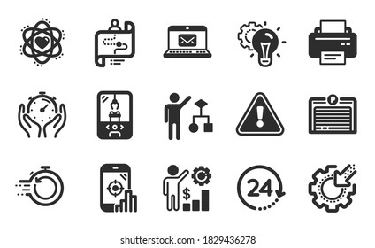 Seo phone, Crane claw machine and Employees wealth icons simple set. Atom, Printer and Parking garage signs. Seo gear, Journey path and 24 hours symbols. Flat icons set. Vector