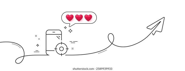 Seo phone line icon. Continuous line with share plane. Smartphone targeting sign. Traffic management symbol. Hearts rate review in speech bubble. Seo phone single line ribbon. Vector