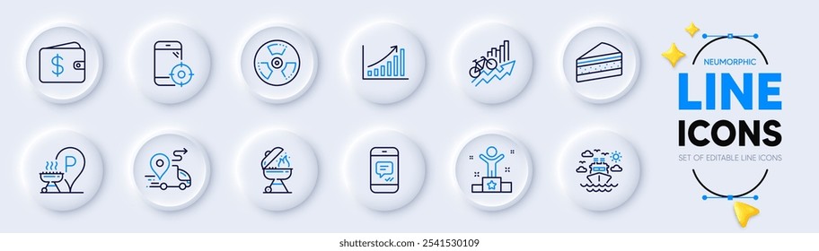 Seo phone, Message and Cake line icons for web app. Pack of Delivery, Graph chart, Chemical hazard pictogram icons. Ship travel, Dollar wallet, Grill signs. Winner, Training results. Vector