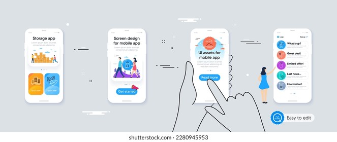 Seo teléfono, bandera de montaña e iconos de la línea de prueba del test del test del sitio web, impresión. Interfaz de teléfono. Colección de iconos Swipe up, Flight sale, Inspect. Prueba orgánica, edificios, elementos de la web de té helado. Vector