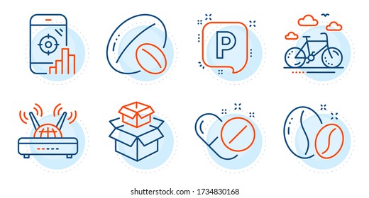 Seo phone, Parking and Bike rental signs. Packing boxes, Soy nut and Coffee beans line icons set. Medical pills, Wifi symbols. Delivery box, Vegetarian food. Business set. Outline icons set. Vector