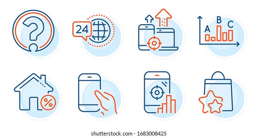 Seo phone, Question mark and 24h service signs. Loan house, Seo devices and Loyalty points line icons set. Hold smartphone, Survey results symbols. Discount percent, Mobile stats. Vector