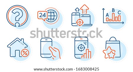 Seo phone, Question mark and 24h service signs. Loan house, Seo devices and Loyalty points line icons set. Hold smartphone, Survey results symbols. Discount percent, Mobile stats. Vector