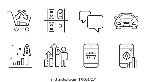 Seo phone, Speech bubble and Cross sell line icons set. Car, Parking place and Development plan signs. Employee results, Smartphone buying symbols. Search engine, Chat message, Market retail. Vector