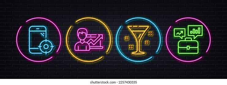 Seo phone, Success business and Cocktail minimal line icons. Neon laser 3d lights. Business portfolio icons. For web, application, printing. Smartphone optimization, Growth chart, Martini. Vector
