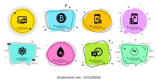 Seo phone, Time and Bitcoin line icons set. Chat bubbles with quotes. Oil serum, 24h service and Atom signs. Candlestick chart, Contactless payment symbols. Search engine, Clock. Vector