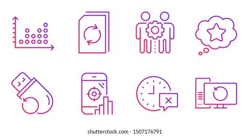 Seo phone, Update document and Dot plot line icons set. Flash memory, Time and Employees teamwork signs. Loyalty star, Recovery computer symbols. Search engine, Refresh file. Technology set. Vector