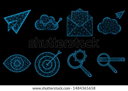 SEO polygonal icon set, envelope, paper plane, cloudy analytics, cloud sending, eye and gear, target, Magnifying glass and cogwheel, Web search vector illustration on black background
