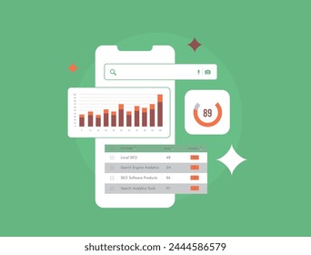 SEO Position Tracking Software, Search Engine Rank monitoring. Website SEO analysis, keyword rank tracker tool vector isolated illustration on green background with icons