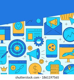 Afiche SEO con estilo de línea de color con lugar para texto. Afiche con iconos de optimización de motores de búsqueda. Ilustración vectorial.