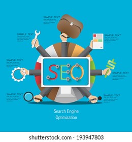 SEO Process In A Flat Style / Vector Hand With A Tool Kit Template