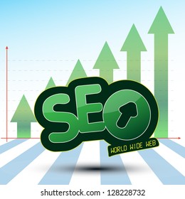 SEO Process Graphics with Green Arrow Up Searching Engine Optimization, SEO, an Icon which show the World wide web (WWW) Process used for a success Optimization on the web and Growing Green Arrows.