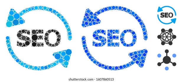 Seo process mosaic of spheric dots in various sizes and color tints, based on seo process icon. Vector random circles are grouped into blue mosaic. Dotted seo process icon in usual and blue versions.