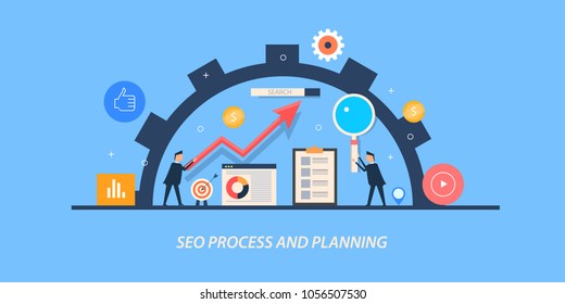 SEO process - Planning search engine optimization - SEO strategy flat vector banner with icons and characters