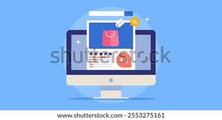 SEO product listing, Adding products to business listing, Product SEO, ecommerce marketing on search engine - vector illustration with icons