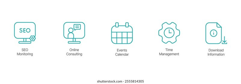SEO and Productivity Icon Set – SEO Monitoring, Online Consulting, Event Calendar, Time Management, and Download Information Design