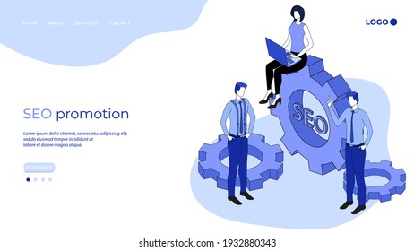 SEO promotion.The concept of promoting Internet sites.Search for business solutions and increase traffic.3D image.Isometric vector illustration.The landing page template.