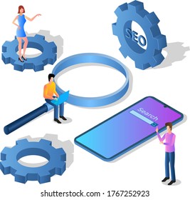 SEO promotion .Configuring search engines and developing a search algorithm.Development of an application for using SEO.An isometric image of people with a magnifying glass and a smartphone.