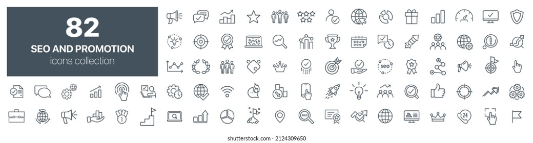 SEO and promotion line icons collection. Big UI icon set. Thin outline icons pack. Vector illustration eps10 - Shutterstock ID 2124309650