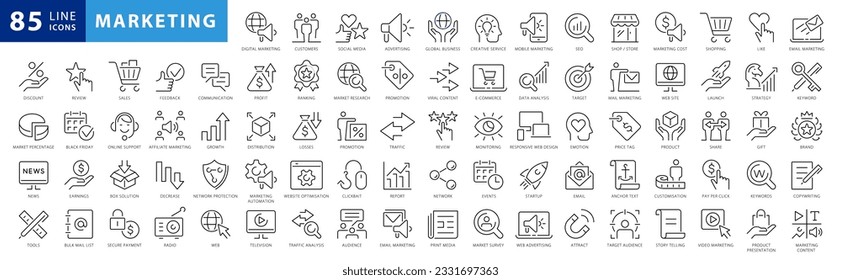 SEO and promotion line icons collection. Big Marketing UI icon set. Thin outline Black and White icons pack. Vector illustration eps10