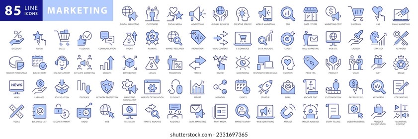 SEO and promotion line icons collection. Big Marketing UI icon set. Thin outline Blue icons pack. Vector illustration eps10