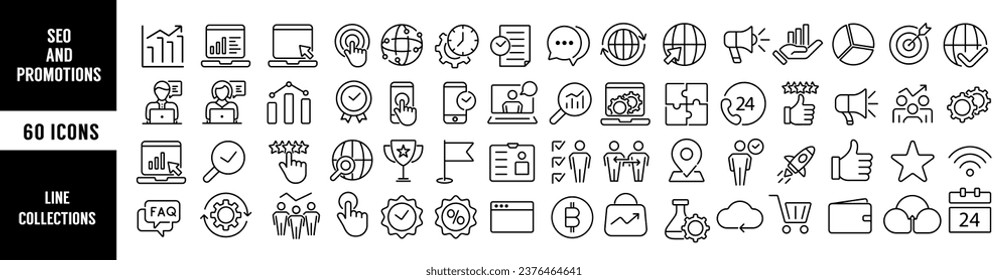 colección de iconos de línea de promoción y SEO. para la página Web. Gran conjunto de iconos de la interfaz de usuario. Paquete de iconos de contorno delgado. Ilustración del vector