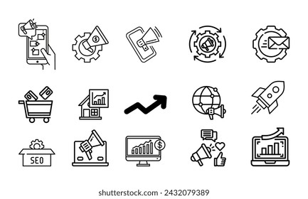 SEO and promotion line icons collection. Big UI icon set. Thin outline icons pack. Vector illustration eps10