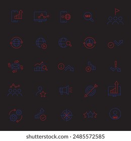 SEO and promotion line icons collection. Thin outline icons pack. Vector illustration with black background