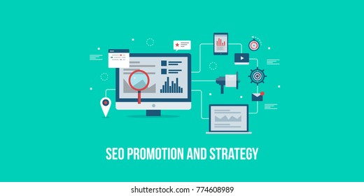 SEO promotion, online advertising, digital marketing, Search engine optimization flat vector concept with icons on green background