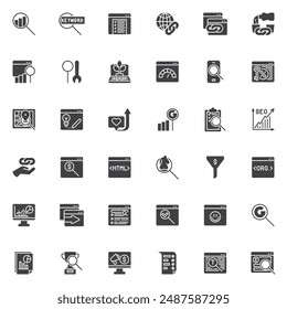 Conjunto de iconos vectoriales de SEO y Promoción, colección de símbolos sólidos modernos, paquete de pictogramas de estilo relleno. Señales, ilustración del logotipo. El conjunto incluye íconos como Análisis SEO, Investigación de Palabras claves, Marketing de Contenidos