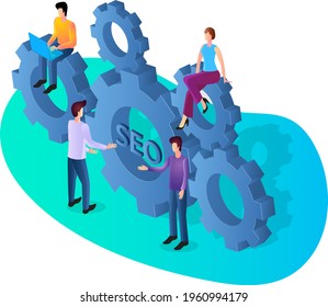 Seo promotion.Development of a new project and data analysis.Digital marketing and profit planning.Seo targeting and search results.3d image.Isometric vector illustration.