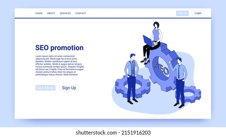 SEO Promotion.Die Leute sind in der Entwicklung und Unterstützung von digitalen Produkten.Eine Illustration im Stil der Landing-Page ist blau.